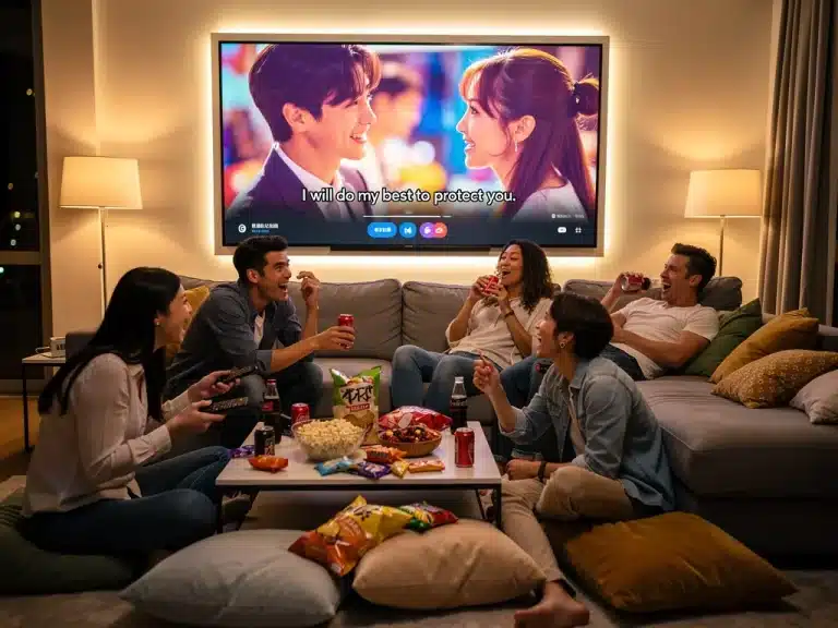 Friends enjoying dorama streaming on a large screen in a cozy living room, optimized for 2026.