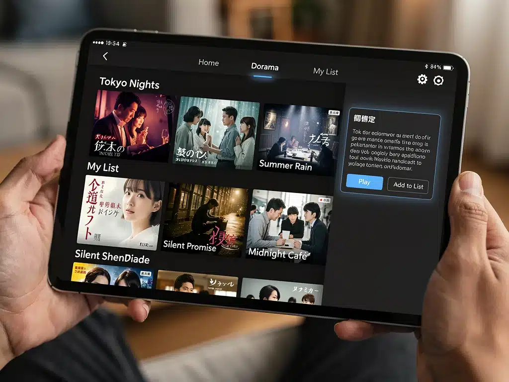 Streaming service interface showing dorama titles on a tablet, intuitive navigation.