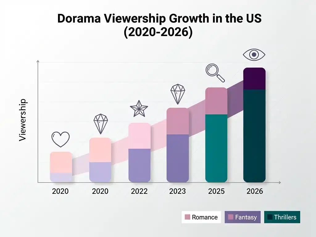 Infographic showing growth of dorama viewership by genre in the US up to 2026