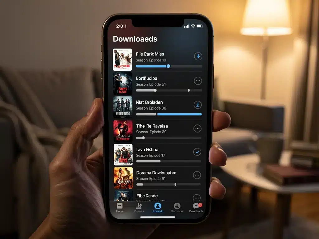 Smartphone screen showing downloaded dorama episodes on streaming app