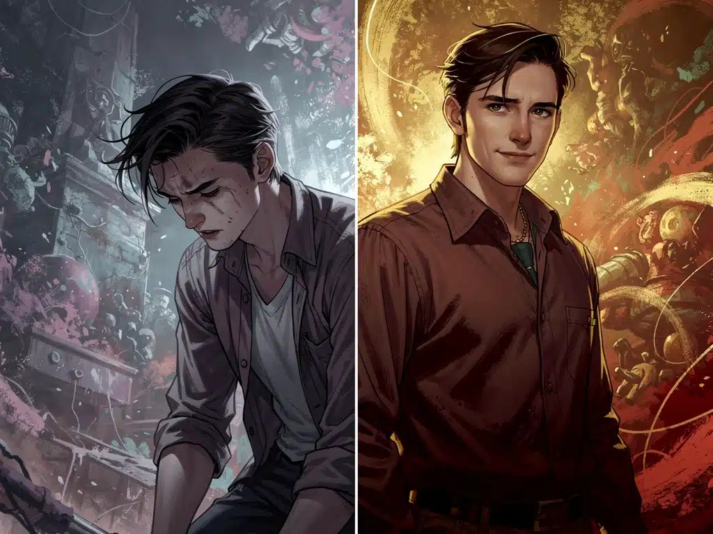 Visual representation of a dramatic character transformation over time