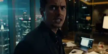 Dramatic scene with a character looking intensely, symbolizing a powerful cliffhanger in a U.S. drama.