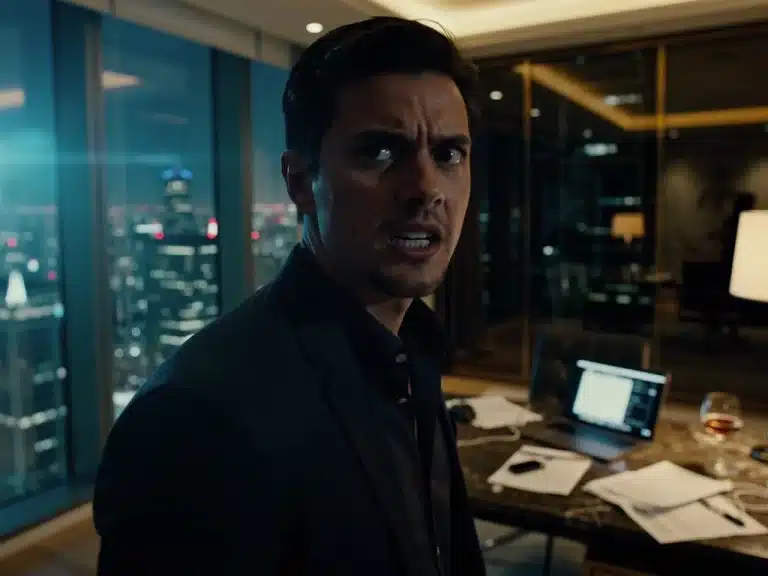 Dramatic scene with a character looking intensely, symbolizing a powerful cliffhanger in a U.S. drama.