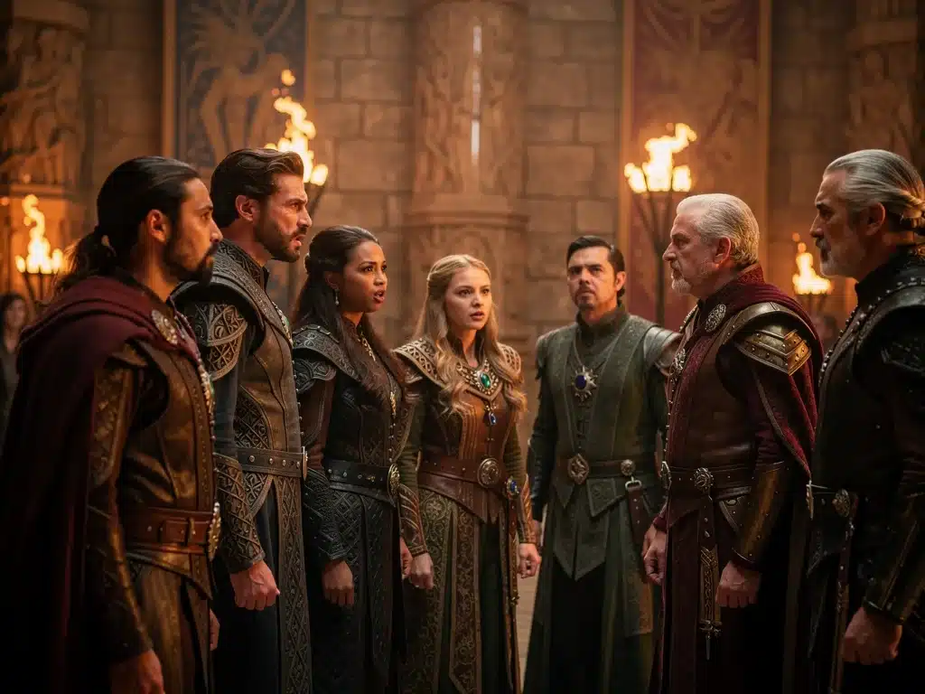 Diverse cast in elaborate fantasy costumes performing a dramatic scene, highlighting production quality.