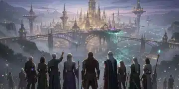 Epic fantasy city skyline at twilight with diverse characters, symbolizing the broad appeal of fantasy dramas.