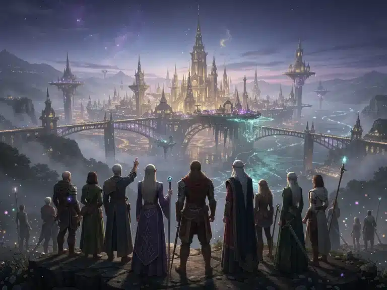 Epic fantasy city skyline at twilight with diverse characters, symbolizing the broad appeal of fantasy dramas.