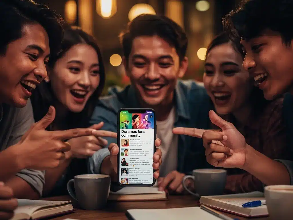 Friends discussing doramas using a smartphone