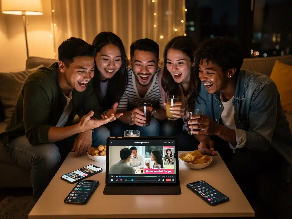 Friends watching dorama together, discussing social media recommendations