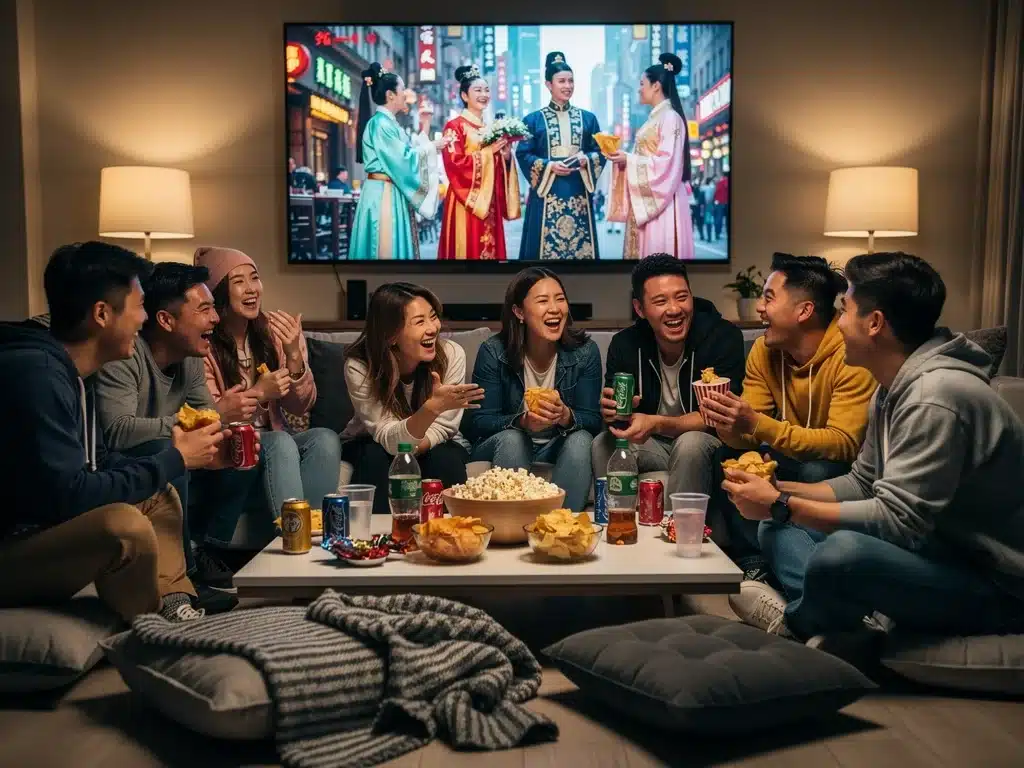 Diverse friends enjoying a C-drama together on a large screen, symbolizing shared viewing experiences.