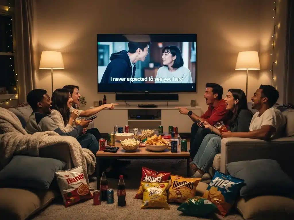 Friends enjoying exclusive K-Drama content on a streaming platform