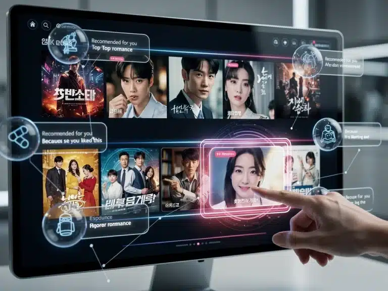 Futuristic streaming interface with AI K-drama recommendations