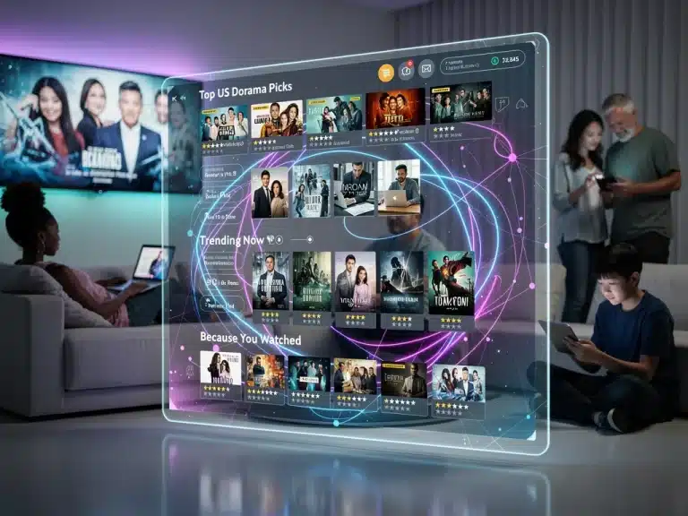 Futuristic streaming interface showing dorama recommendations
