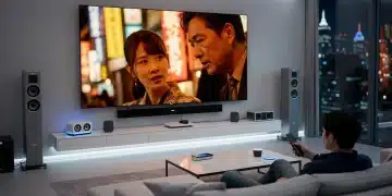 Futuristic living room with dorama on screen, advanced tech