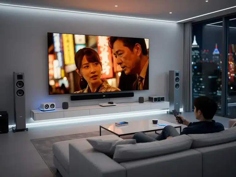 Futuristic living room with dorama on screen, advanced tech