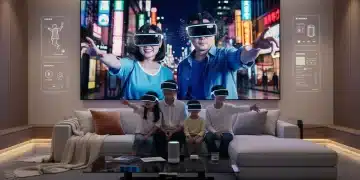 Futuristic living room with family watching dorama using advanced streaming tech 2026