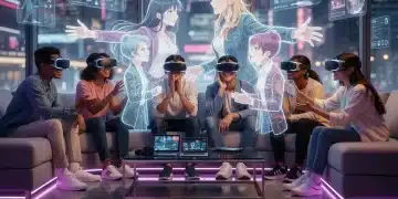 Futuristic living room with US dorama fans using VR for interactive storytelling
