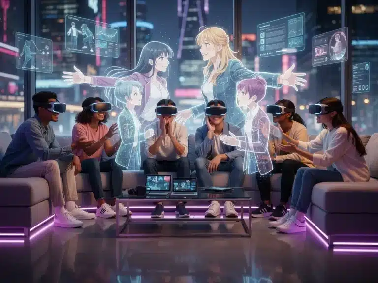Futuristic living room with US dorama fans using VR for interactive storytelling