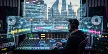 Futuristic composer creating innovative drama soundtracks in a high-tech studio.