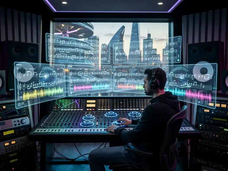 Futuristic composer creating innovative drama soundtracks in a high-tech studio.
