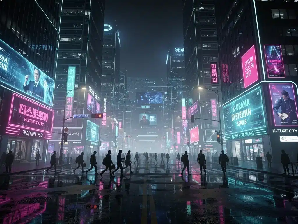 Futuristic cityscape with neon lights, representing sci-fi K-drama trends