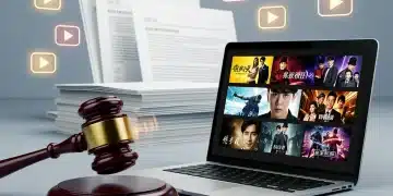 Gavel hitting block, dorama scenes on laptop, legal documents, streaming icons, symbolizing copyright law impact on dorama distribution.