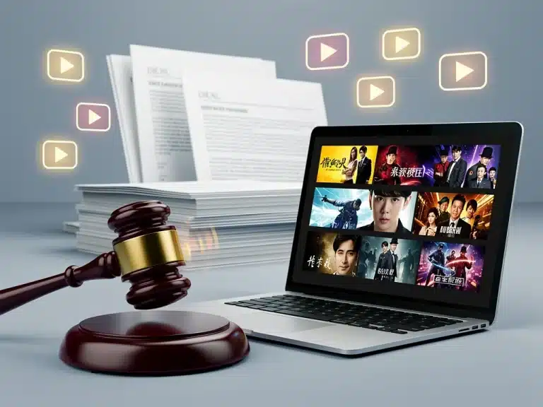 Gavel hitting block, dorama scenes on laptop, legal documents, streaming icons, symbolizing copyright law impact on dorama distribution.