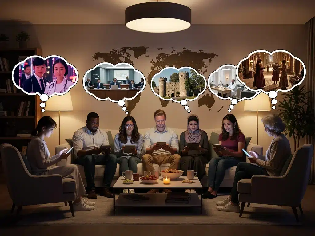 Diverse viewers engaging with various global drama genres on personal devices
