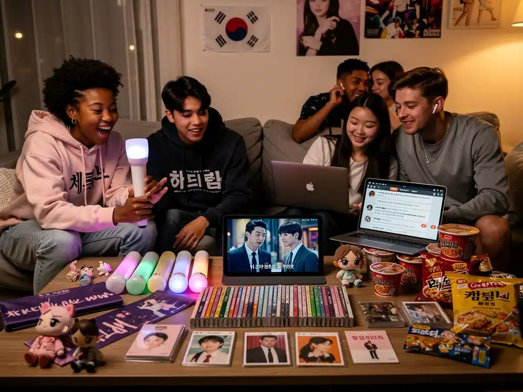American youth engaging with K-Pop merchandise and K-dramas, demonstrating Hallyu's widespread appeal.