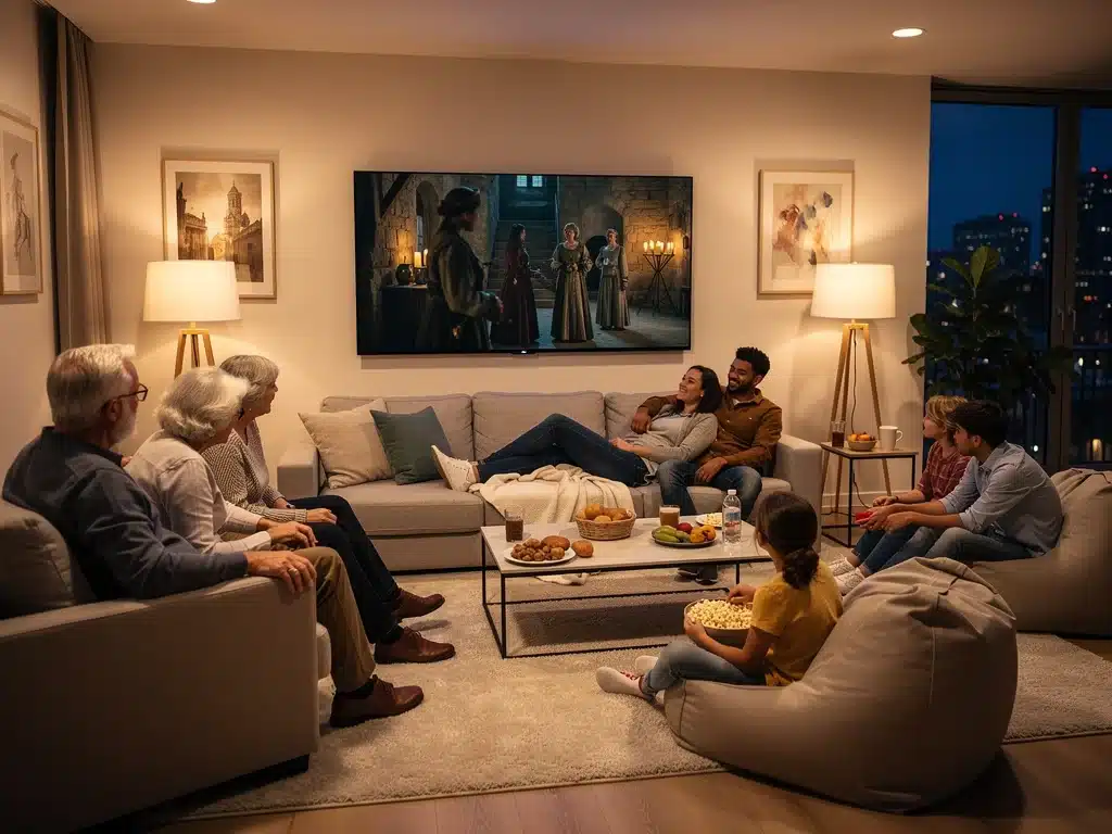 Diverse family watching historical drama together on a large screen.