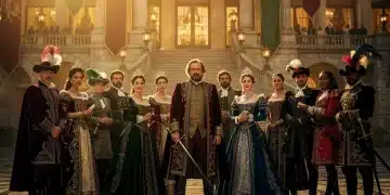 Elaborate period drama scene with diverse cast and grand setting, symbolizing historical drama popularity.