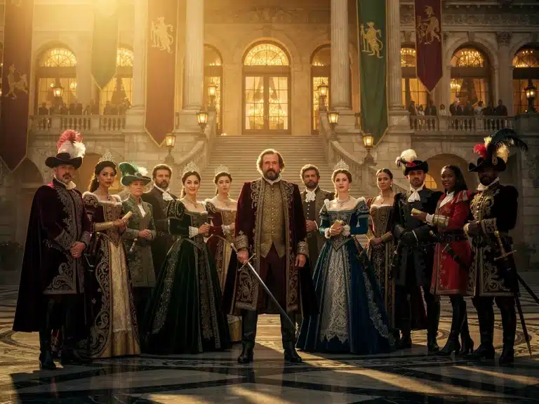 Elaborate period drama scene with diverse cast and grand setting, symbolizing historical drama popularity.