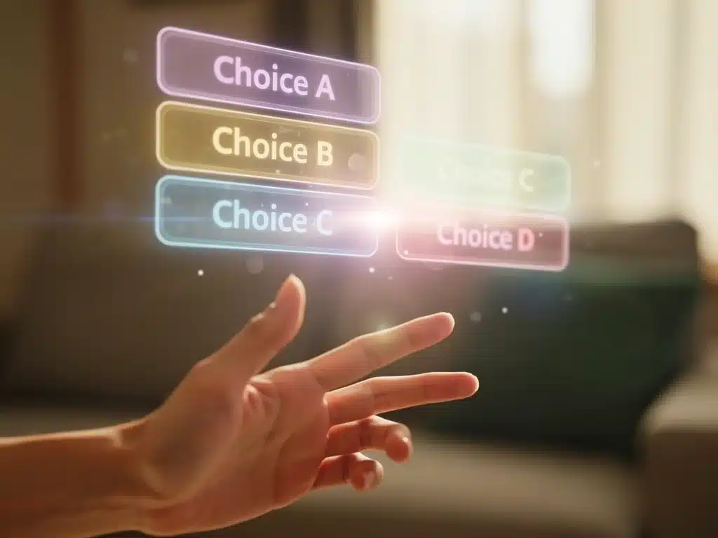 Hand selecting narrative option on holographic dorama interface
