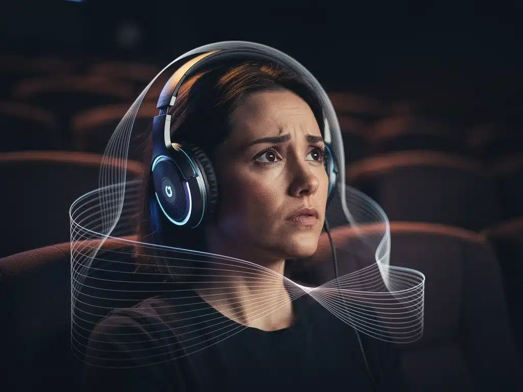 Person experiencing immersive audio with headphones, deeply engaged in a drama.