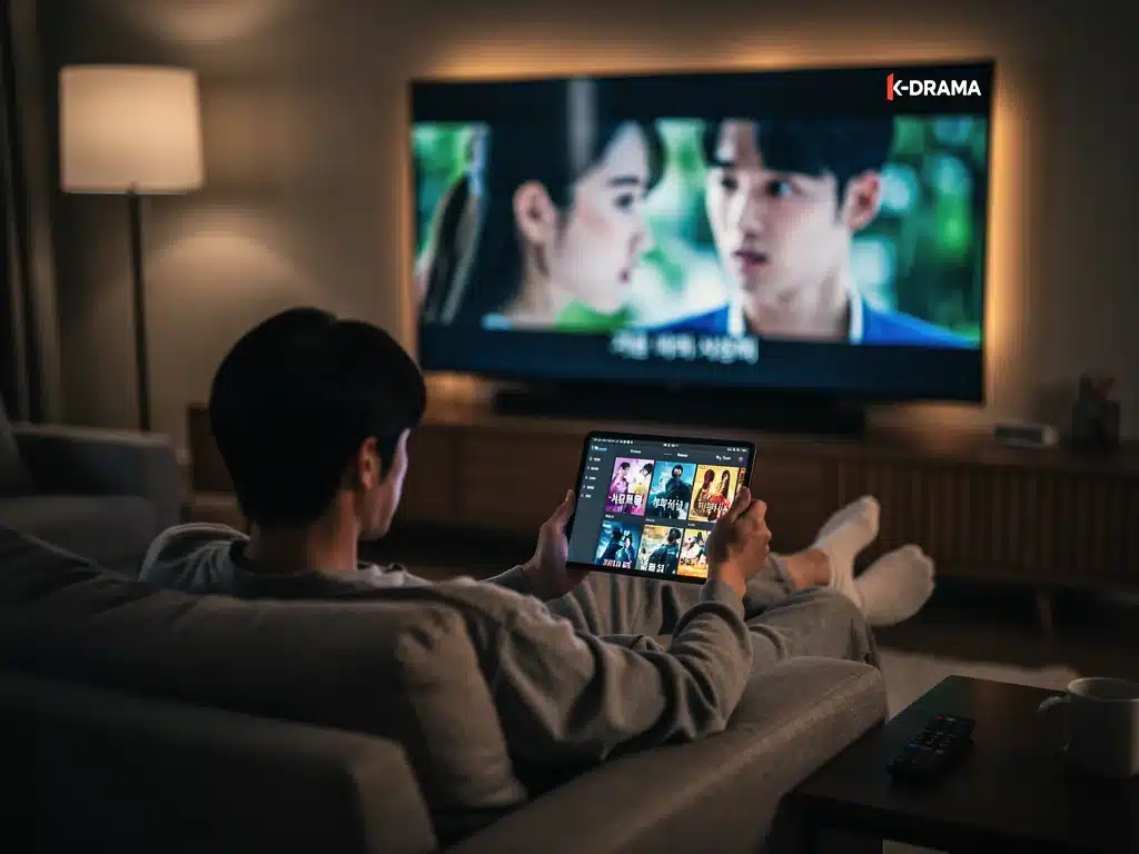 Person enjoying a 4K K-Drama on a large screen, highlighting an immersive viewing experience.