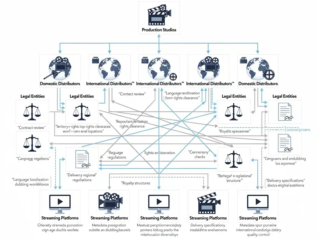 Intricate flowchart of international content licensing, connecting studios, distributors, legal, and streaming platforms.