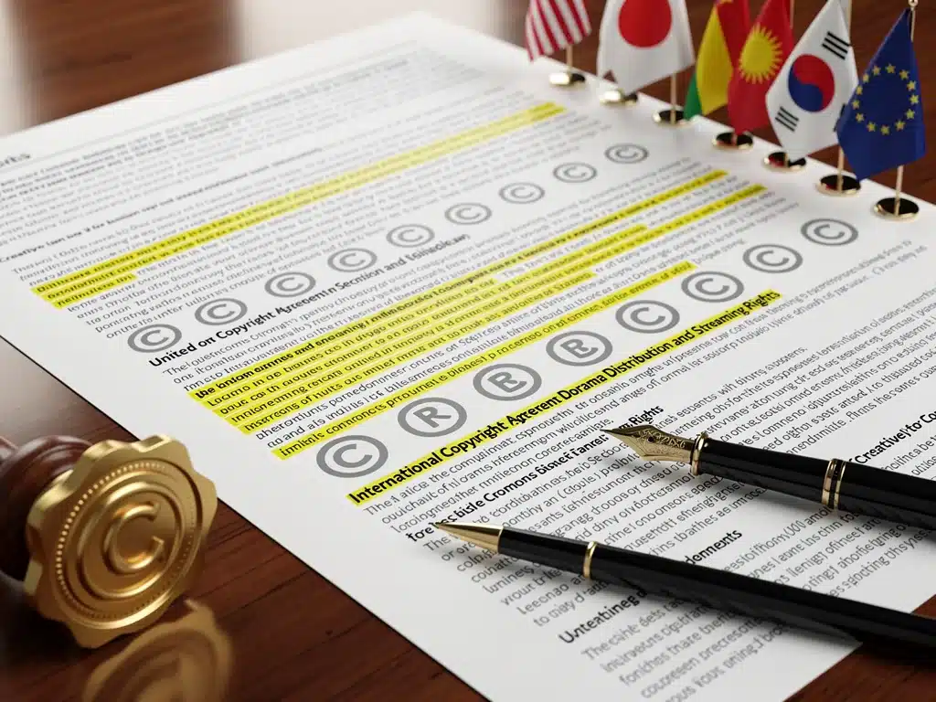 International copyright symbols and flags with US legal texts