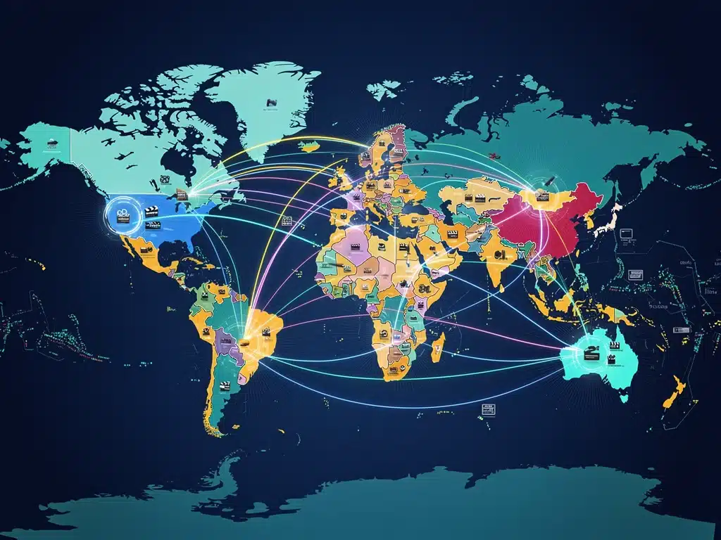 World map illustrating strategic international film co-production partnerships and resource flow.