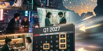 Dynamic montage of K-drama scenes with Q1 2027 calendar and US distribution overlay, symbolizing early access opportunities.