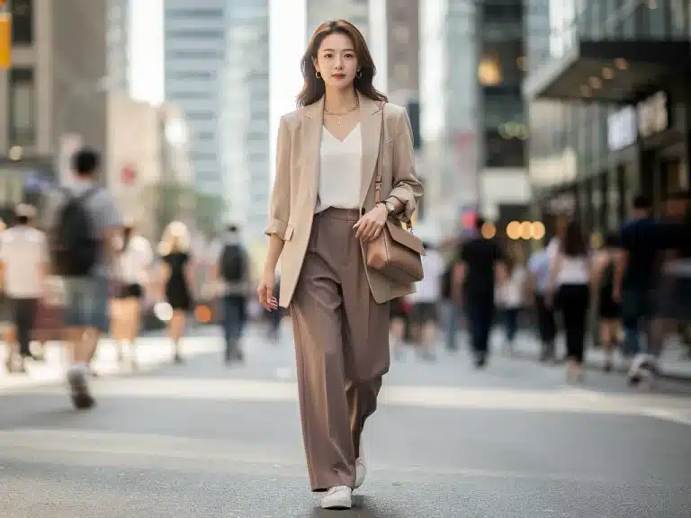 Stylish woman in K-Drama inspired outfit on US city street