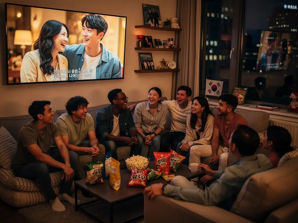 Diverse group watching K-drama together, symbolizing global appeal