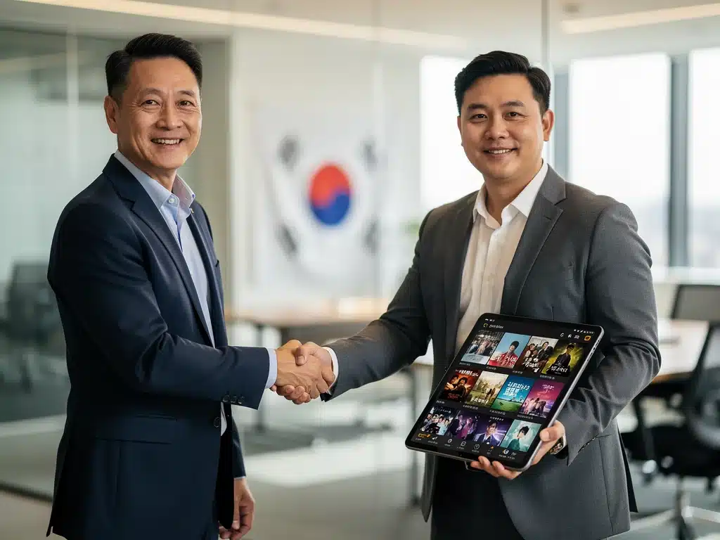 Two business professionals shaking hands over a tablet displaying K-drama titles, symbolizing a strategic licensing agreement.