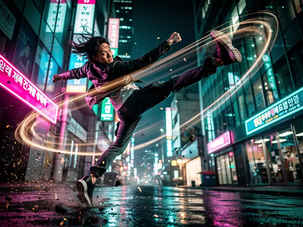 Dynamic fight scene from a popular action K-drama, illustrating intense choreography.