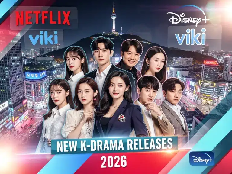 Dynamic collage of K-drama stars and streaming logos for 2026 US releases