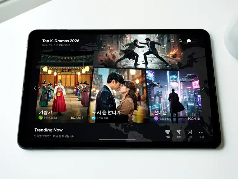 Dynamic K-drama trends collage on a streaming platform for 2026