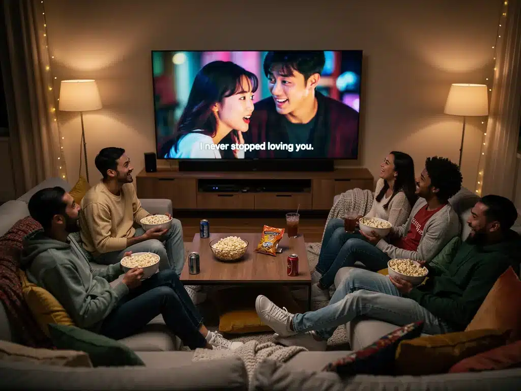Diverse young adults engrossed in watching a K-drama on a large screen at home.