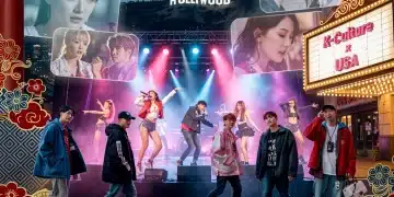 K-Pop idols and K-drama scenes blending with US media icons, representing cultural integration.