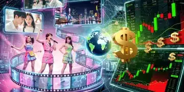 Dynamic visual showcasing Korean entertainment's financial growth and US market investment.