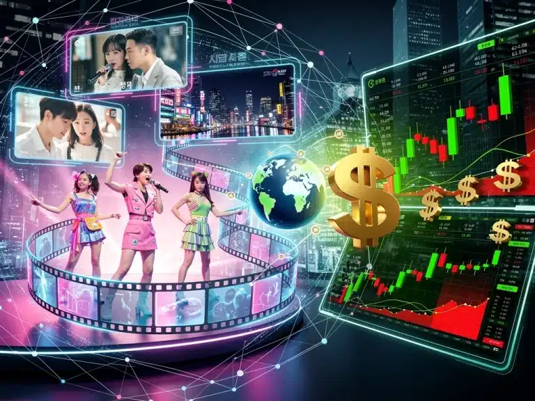 Dynamic visual showcasing Korean entertainment's financial growth and US market investment.