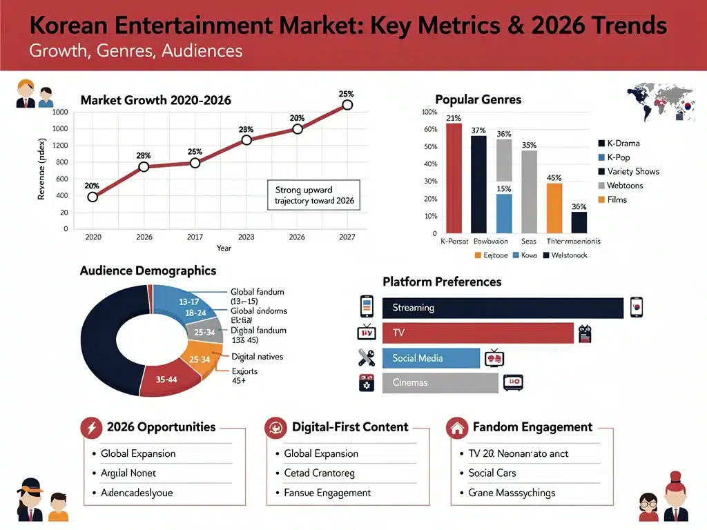 Infographic displaying Korean entertainment market trends and growth projections for 2026.