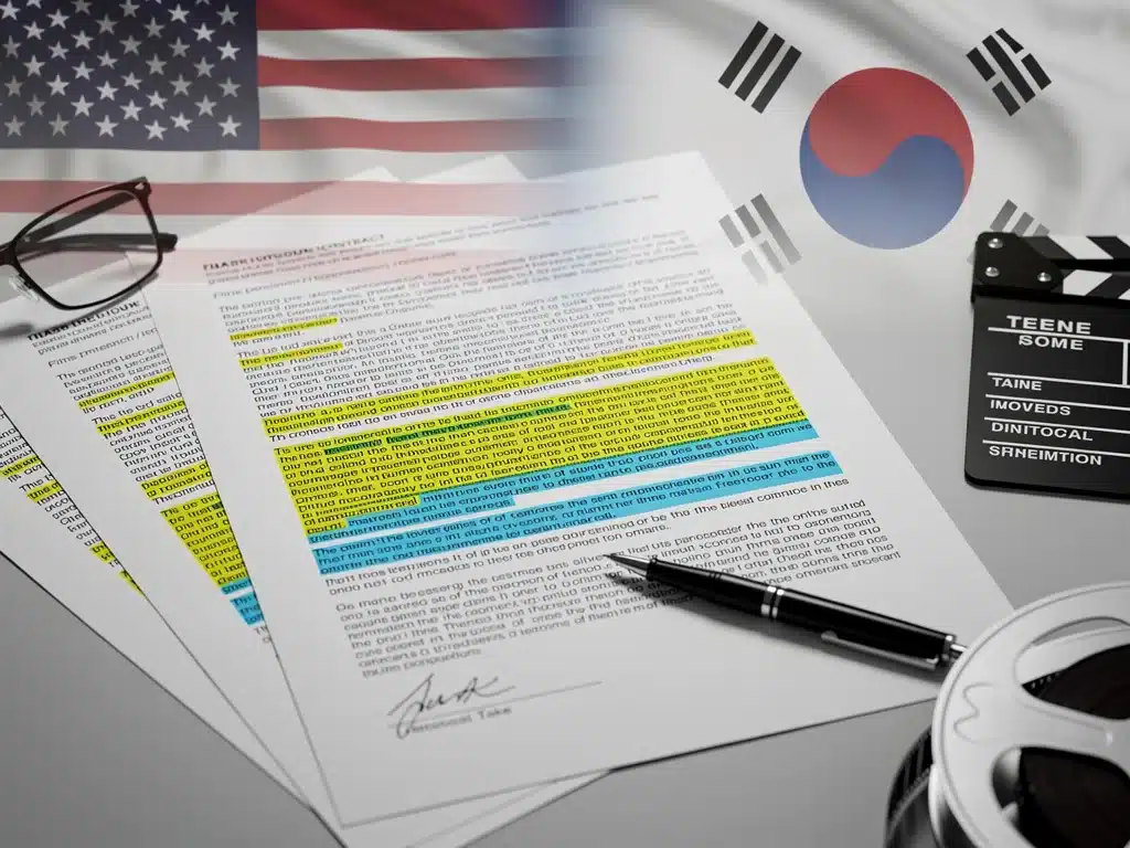Legal documents and flags representing US-Korean co-production agreements.